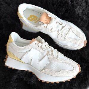 New Balance 327 Women's White and Yelllow Tan Sneakers